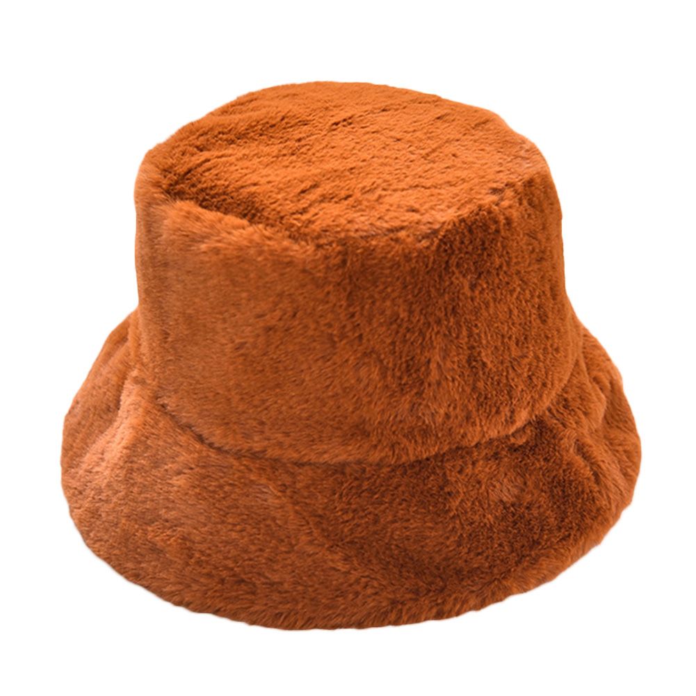 Winter Women Solid Color Flat Top Wide Brim Warm Plush Fisherman Hat Bucket Cap