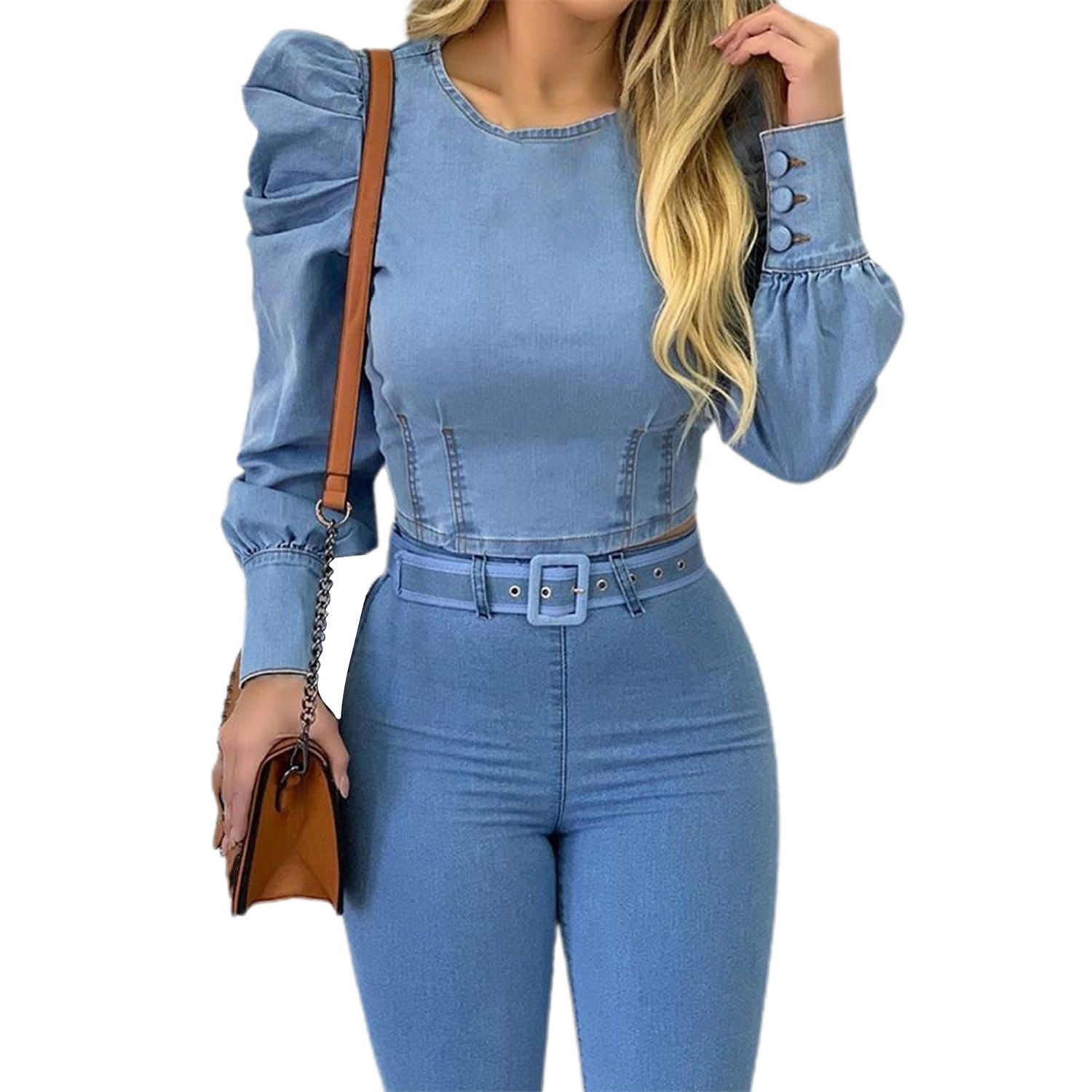 Women Top Puff Sleeve Imitation Denim Buttons Cuff Blouse