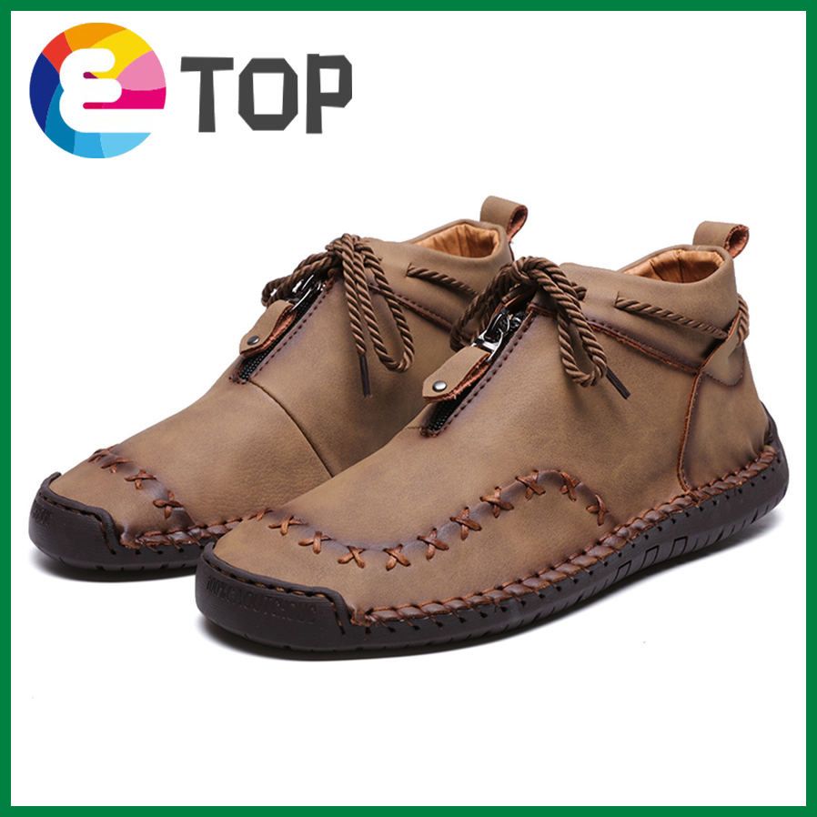 Men Ankle Boots Classic Hand Stitching Leather Casual Shoes Anti-Skid Leather Hiking Boots
