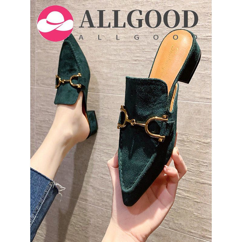 Women Pointy Slip on Thick Heel Suede Half Slippers Closed Toe Heeled Mules