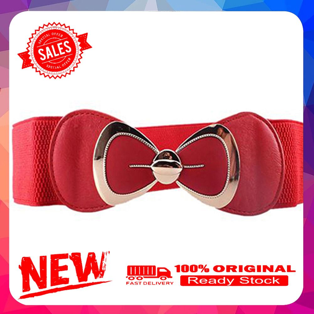 Vist Fox Women Bowknot Buckle Metallic Faux Leather Waistband Elastic Croset Waist Belt
