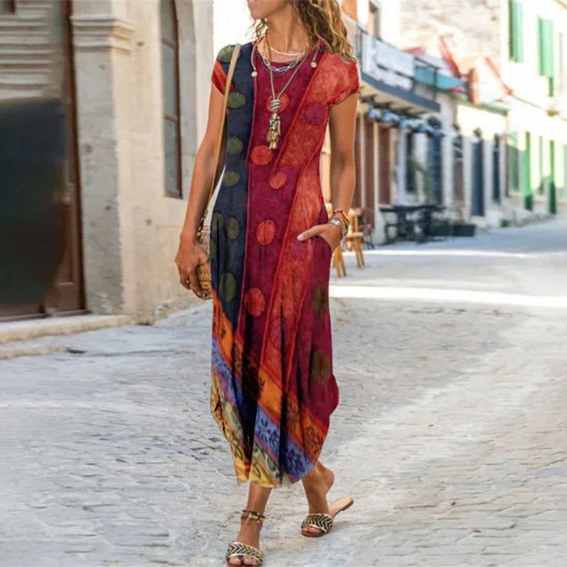 Summer Women Floral Print Casual Dress Short Sleeve Plus Size Slim Longm Bohemian Dresses A Line For Women Robe Femme