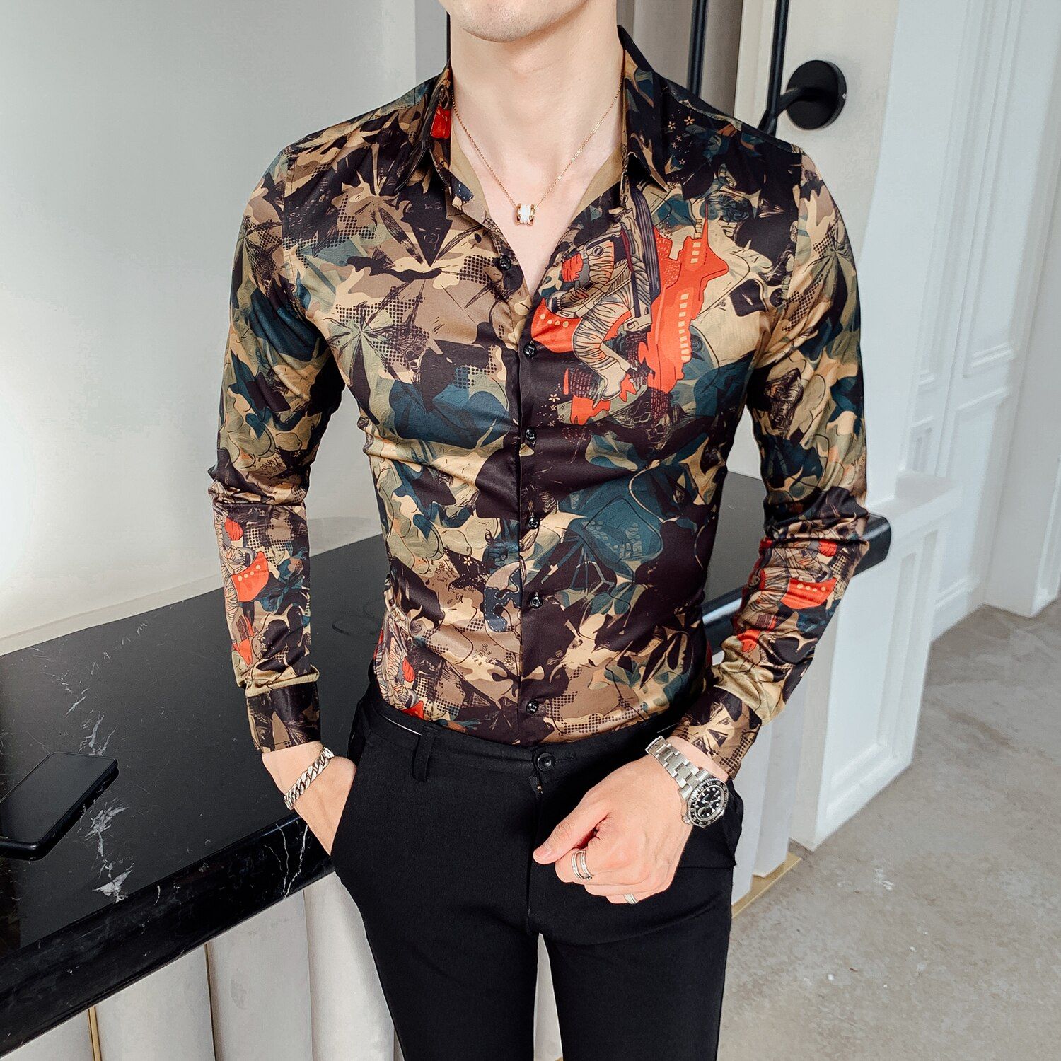 British Style Shirt Men Flower Shirt Casual Shirts Slim Fit Dress Shirt Fashion 2019 Autumn Long Sleeve Digital Print Men