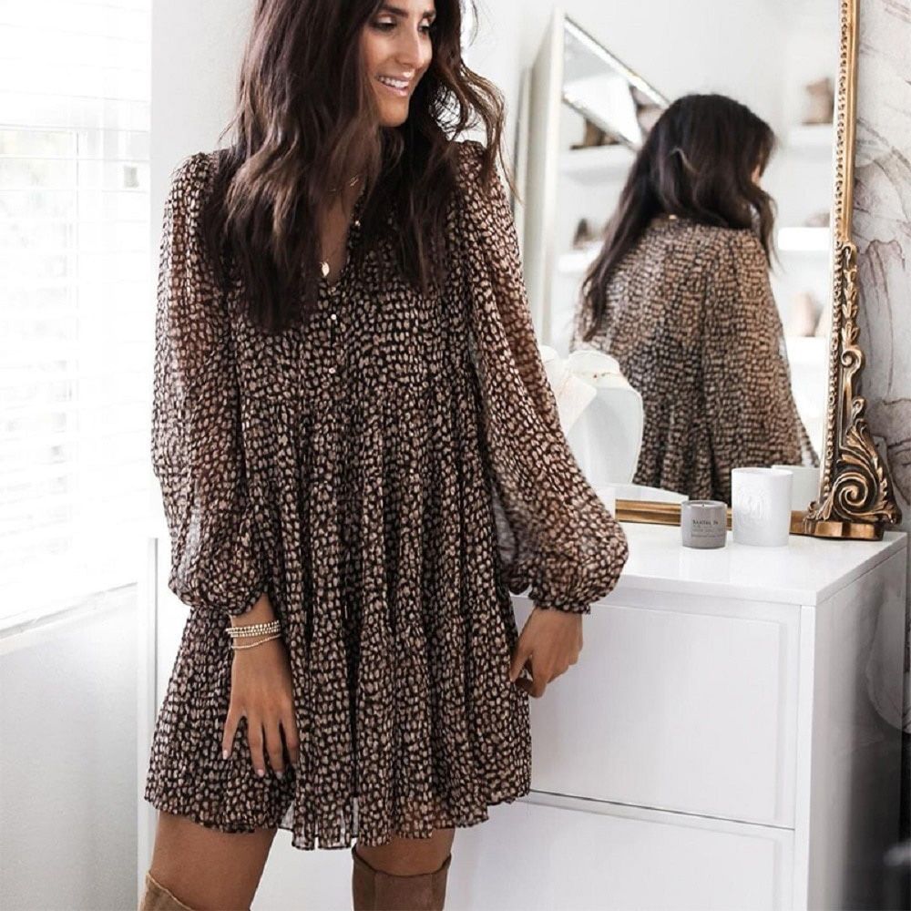 Lantern Sleeve Dot Print Ruffles Women Dress Casual V-neck Long Sleeve Button Mini Dress Ladies Elegant Party Dress Vestido