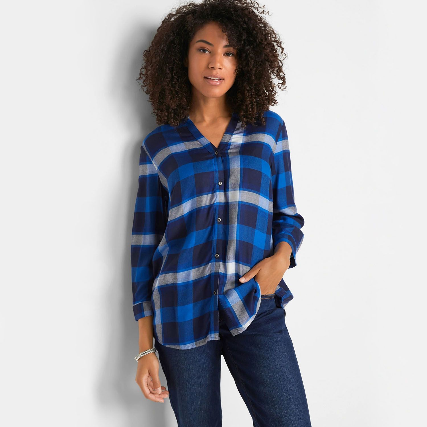 Blue Viscose Long Sleeve Ladies Top (BLUE/CHECK/CT-9.1)
