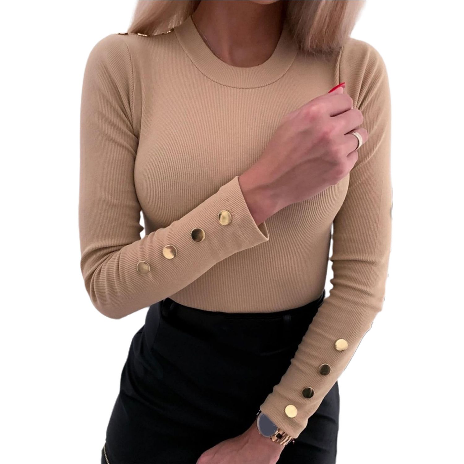 Women Blouse Anti ling Solid Color Buttons Decor Pullover Blouse