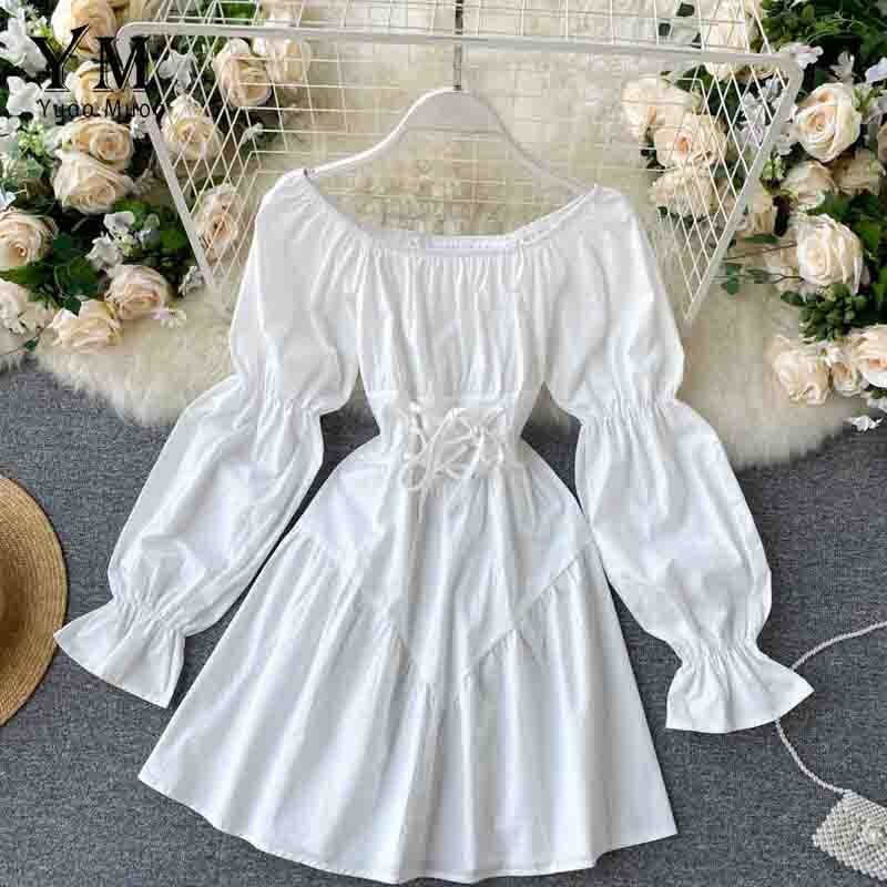 YuooMuoo Early Autumn Dress Retro Gothic Women White Black Bandage Mini Dress Off Shoulder Puff Sleeve Korean Vestidos