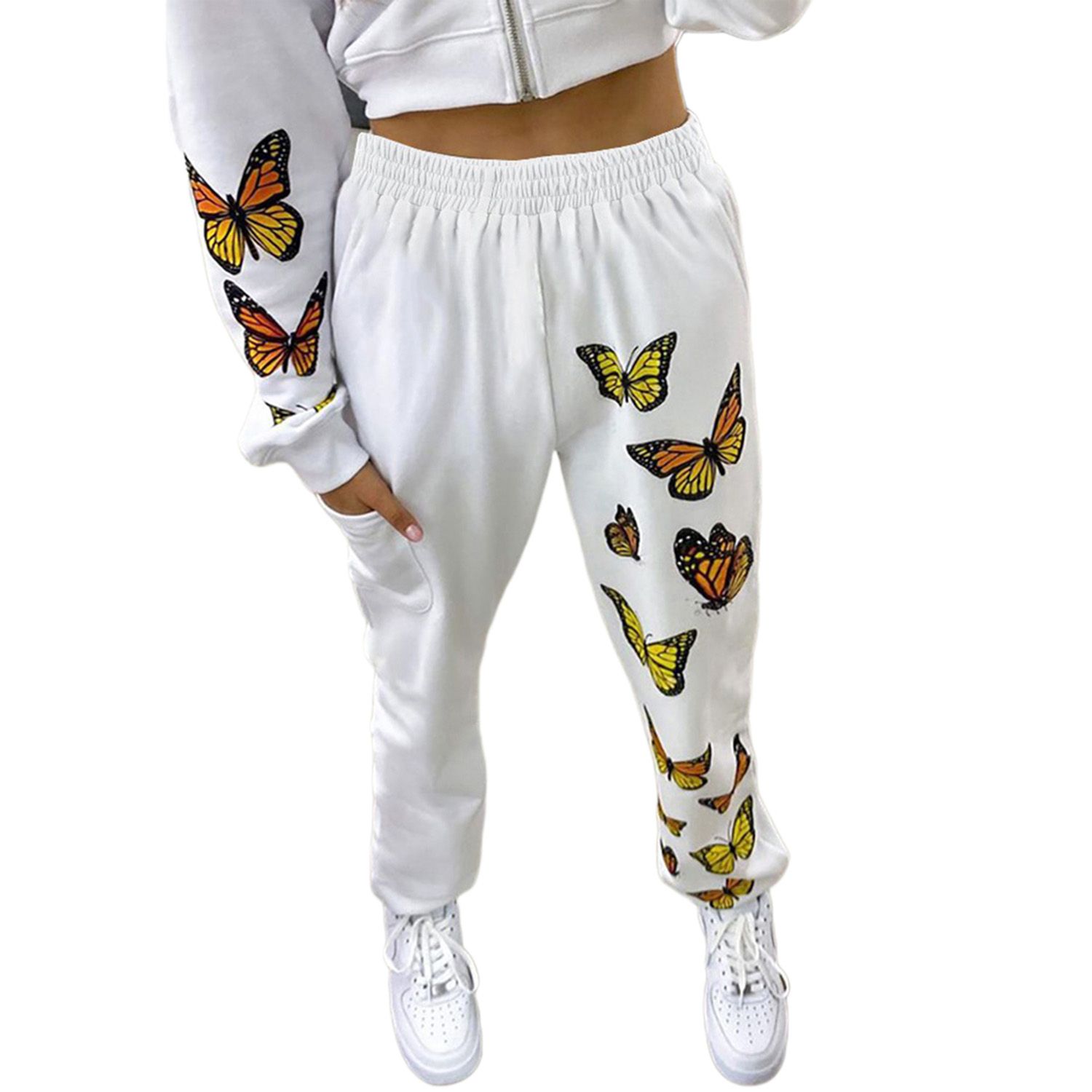 2021 New Women's Yoga Active Pants, Fashion Butterfly Print Sweatpants Elastic Waist Long Workout Pants