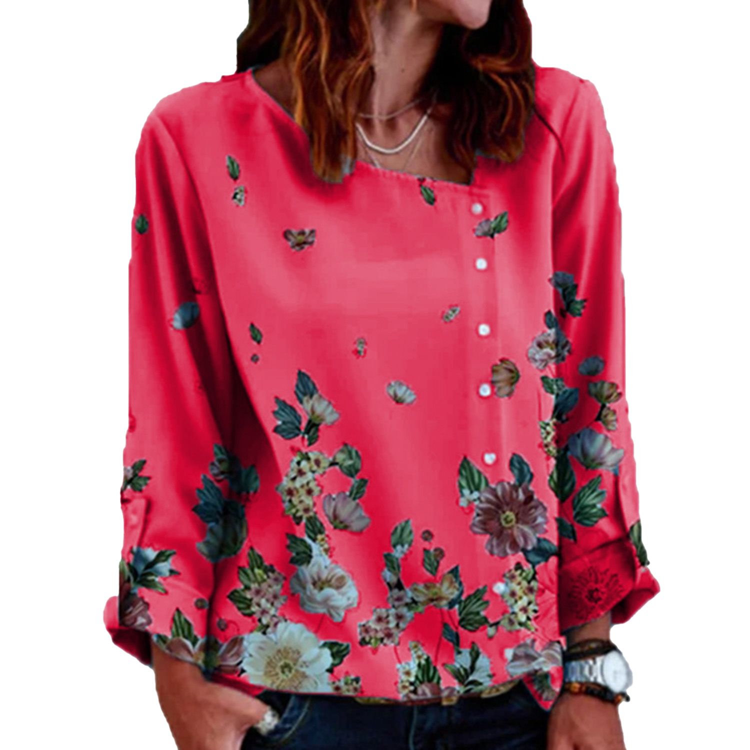 Ladies Shirt Diagonal Collar Floral Patterns Female Blouse
