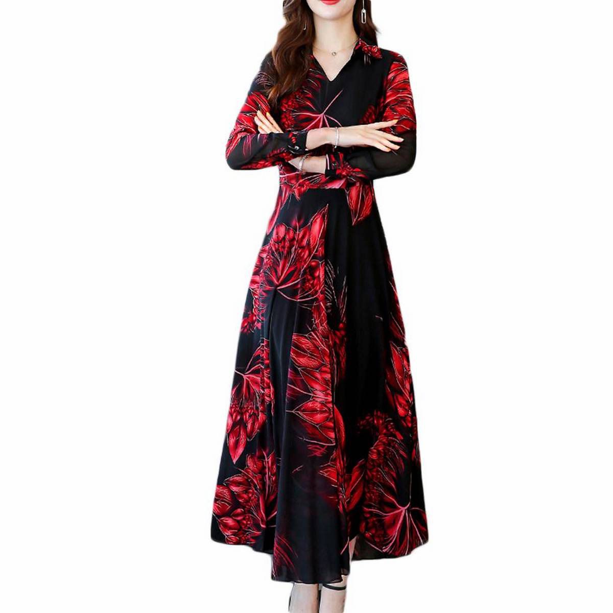 Women V-Neck Long Sleeve A-line Maxi Dress