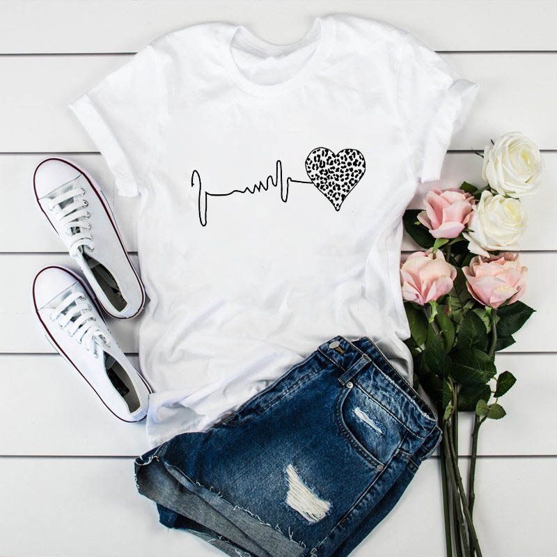 Summer New 90 ＊s Leopard Heartbeat Short Sleeve Print Clothing Women's T-Shirt Harajuku Graphic Clothing Women's Top Retro Tops
