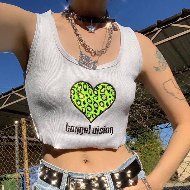Embroidery Crop Tank Top Knit Shirts Club Goth Punk Streetwear Women Autumn Winter Clothes