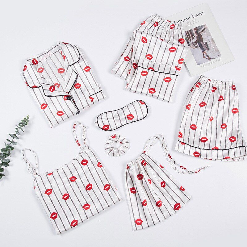 Women Pajamas Sets Spring Summer 7 Pcs Set Silk Print Shorts Long Sleeve Top Elastic Waist Pants Full Lounge Sleepwear Nightwear