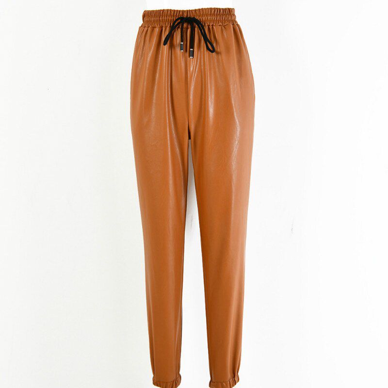 Women PU Leather Pants Fashion Street Lady Elastic Waist Pencil Pants Autumn Drawstring Sweatpants Pockets Cool Trousers GV109