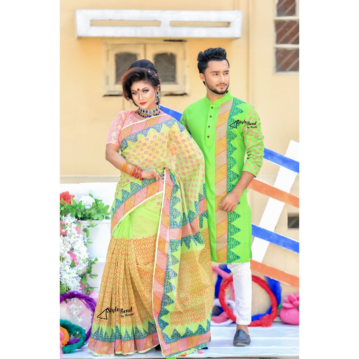 Exclusive Designer Lemon Green Half Silk Saree and Dhupian Silk Panjabi Combo For Couple