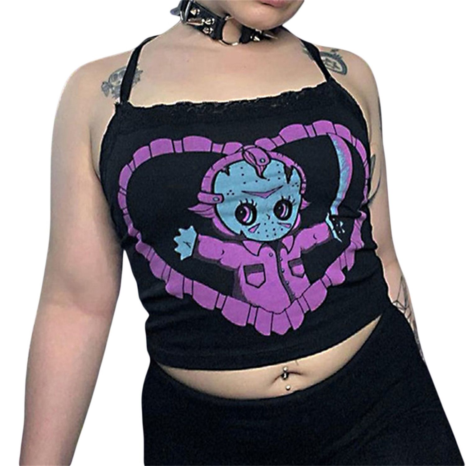 Women’s Gothic Lace Trim Camisole Cartoon Printing U-neck Exposed Navel Suspender Tops