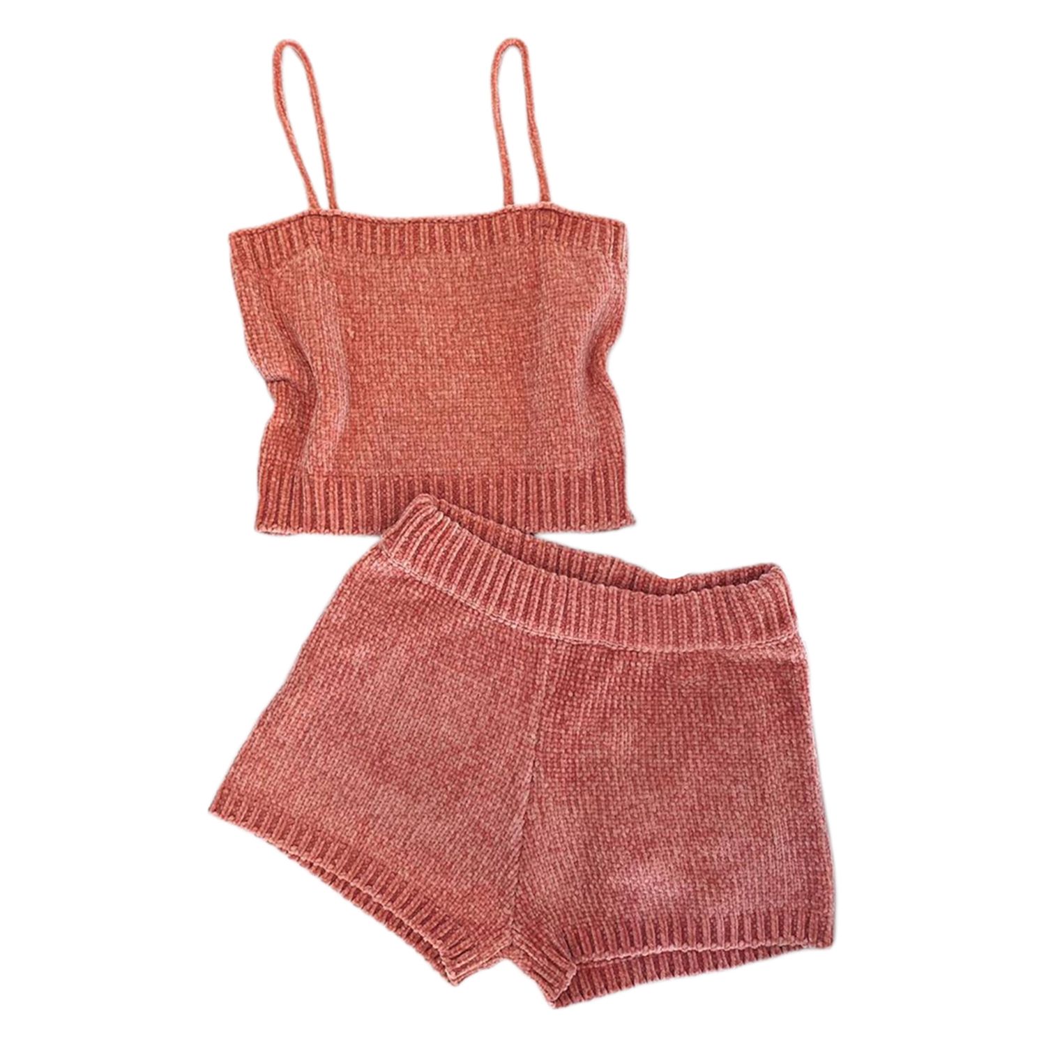 2021 Women's Cami Top Shorts Suit Fashion Solid Color Pullover Top Elastic Waist Shorts Two Piece Set