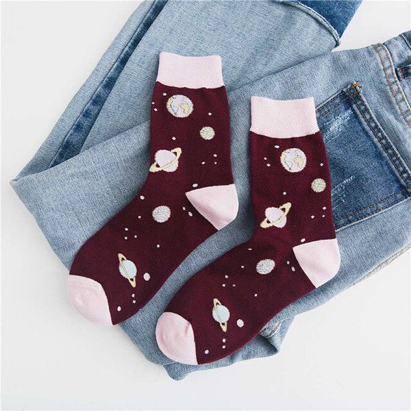 Art Cartoon Planet Creative Crew Cute Funny Socks Abstract Jacquard Painting Divertidos Characters Hip Hop Fashion Socks Women