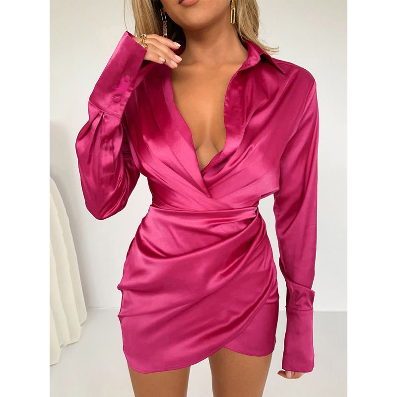 Dulzura Solid Satin Women Long Sleeve V Neck Ruched Wrap Mini Dress Bodycon  Party Elegant 2021 Autumn Winter Clothes