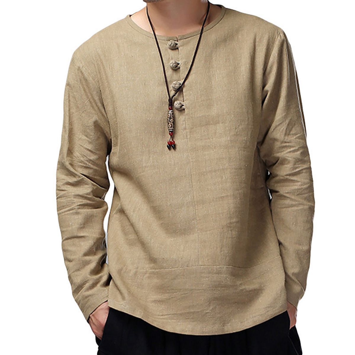 Men Casual Solid Color Long Sleeve O Neck Buttons Cotton Loose Pullover Shirt