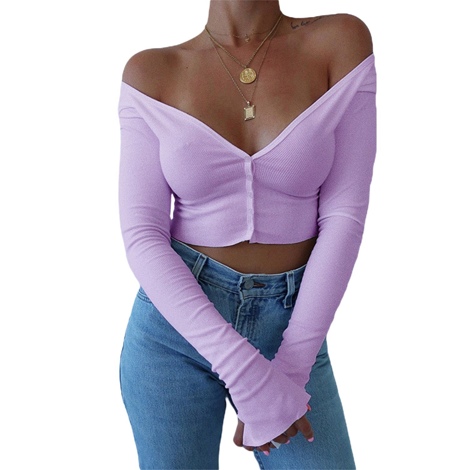 Women's Long Sleeve Crop Top, Sexy Button Front Off Shoulder V Neck Ribbed Tee Shirt