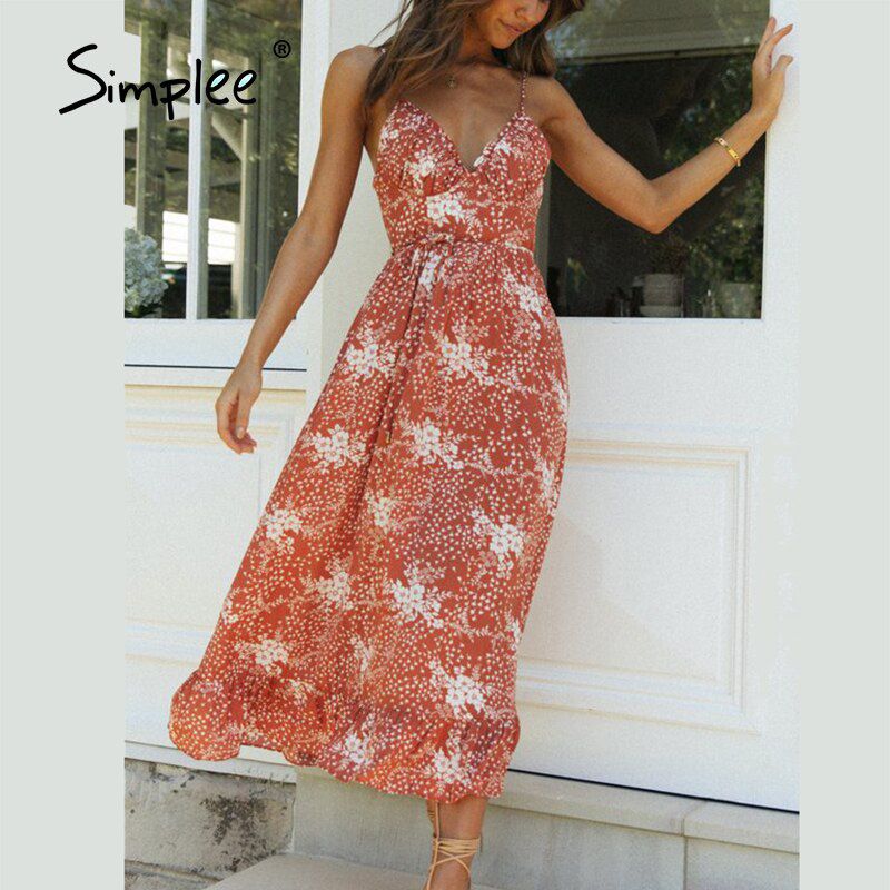 Simplee Casual green sling print women dress Summer V-neck holiday style maxi dress Elegant High-waist lace-up ruffle dress