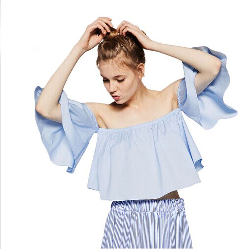 Summer New Style Stock Women Flare sleeve Tank tops Off shoulder tee shirt Crop Top Cropped