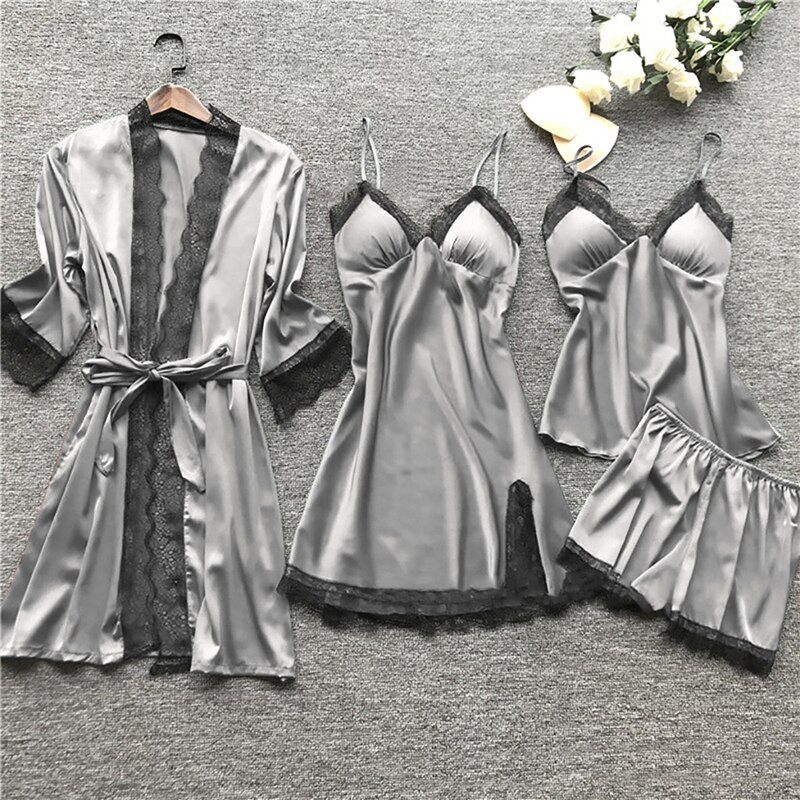 Sleepwear Female 5/4/3/2PCS Pajamas Set Satin Pyjamamas Lace Patchwork Bridal Wedding Nightwear Rayon Home Wear Nighty&Robe Suit