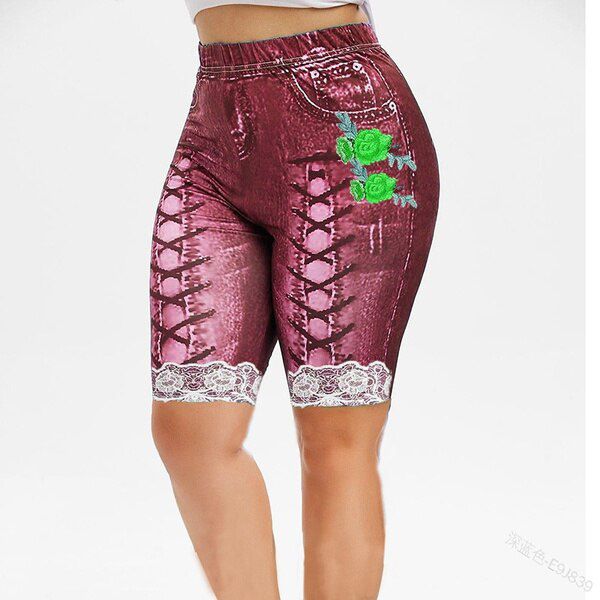 Faux Denim Yoga Shorts Women Summer Fashion Plus Size Comfy Skinny Print Casual Jeggings Multi-colored Cozy Female Shorts