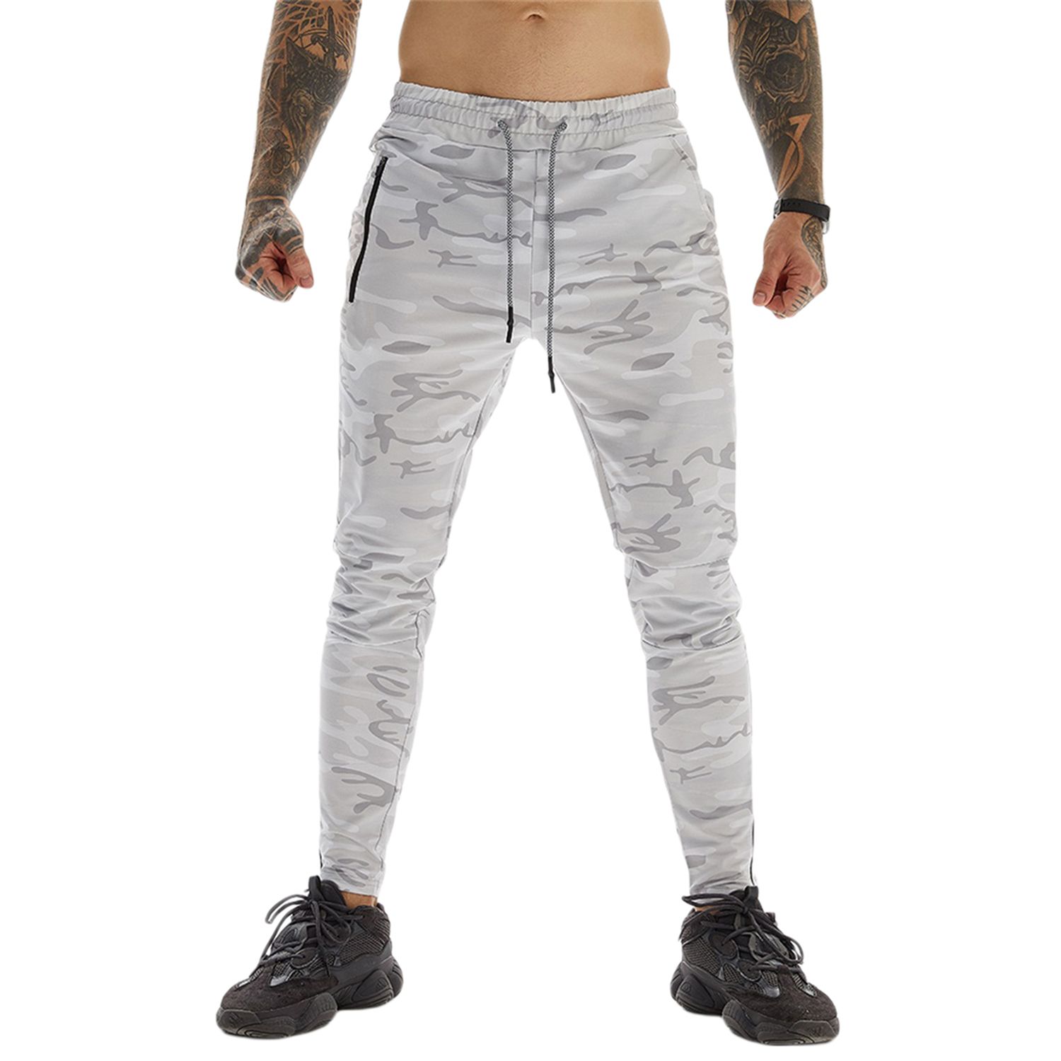 2020 Men Camouflage / Solid Color Trousers, Casual Elastic Waist Cuffed Feet Tapered Zipper Sport Pants