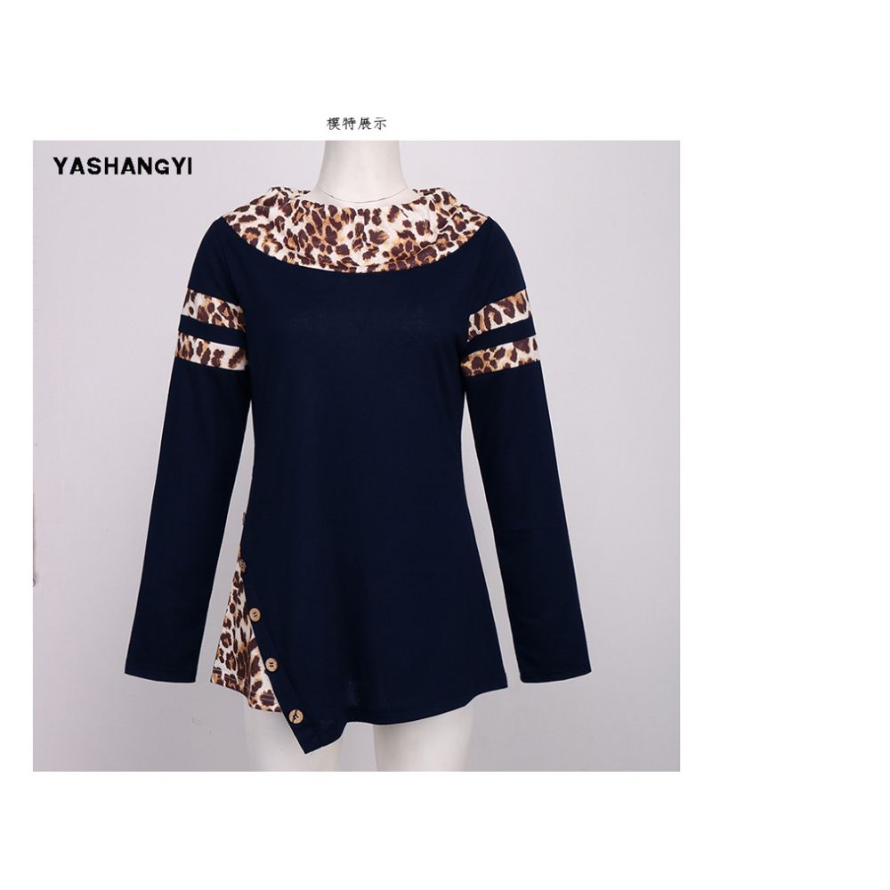 Fashion Leopard-Stitching T-Shirt Round Neck Ladies Pullovers Long Sleeve Women Tops with Button