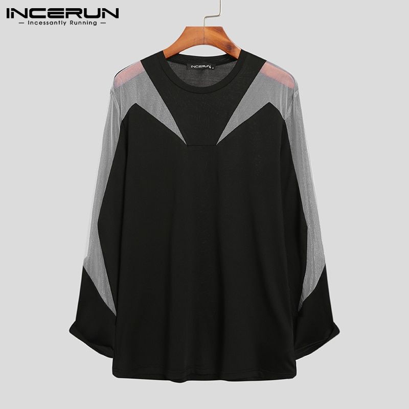 Men T Shirt Mesh Patchwork Transparent O-neck Streetwear Long Sleeve Fashion Camisetas y Casual Men Tops S-5XL INCERUN 7