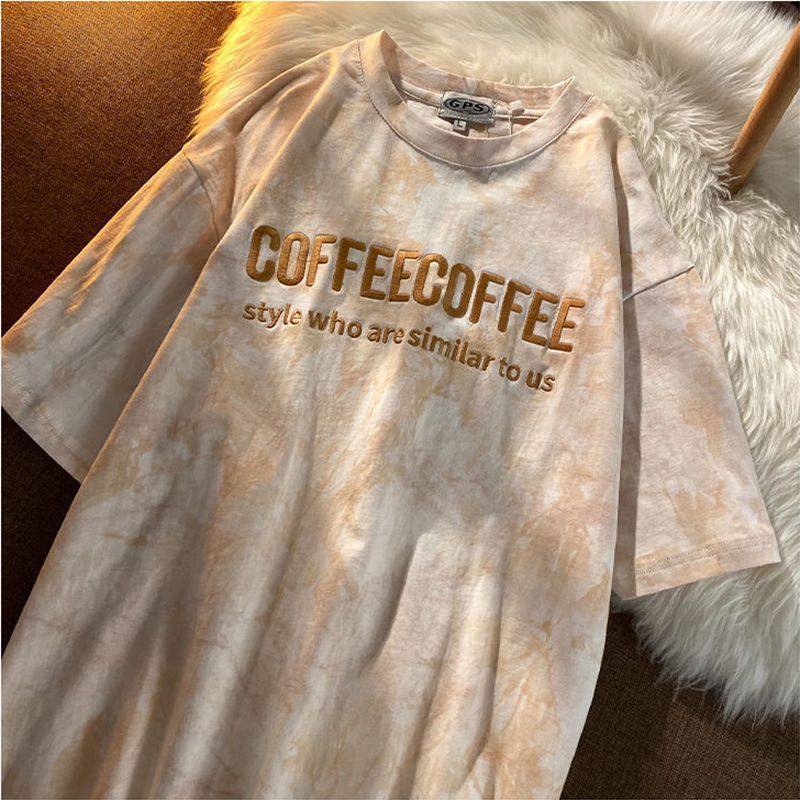 Women Summer Tie-dye T-shirt, Adults Embroidered Letter Pattern Short Sleeve Round Neck Pullover