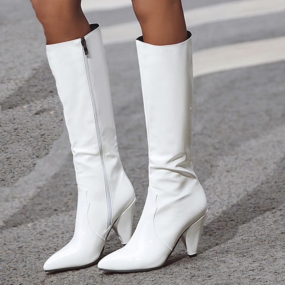 Womens Leather Pointed Toe Low-heeled Slip-On Shoes Over The Knee  Knight  Boots
