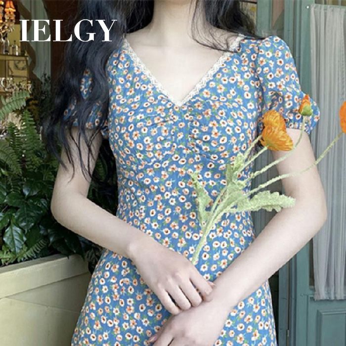 IELGYIdyllic floral dress French blue v-neck slim dress