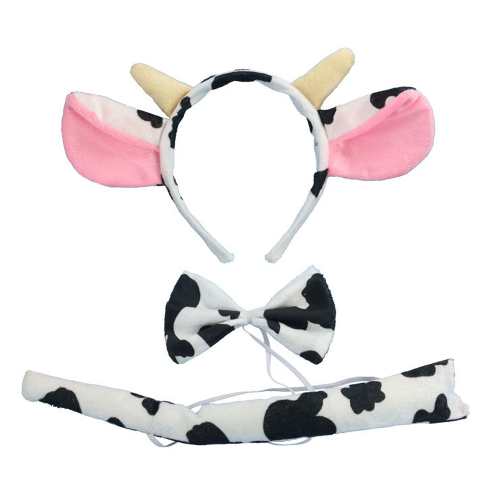 Kids Party Dress Up Costume Set 3pcs, Cattle Cow Headband Ears Bowtie Tail Cow Headgear Dress Up Headband Party Dress Up Suit