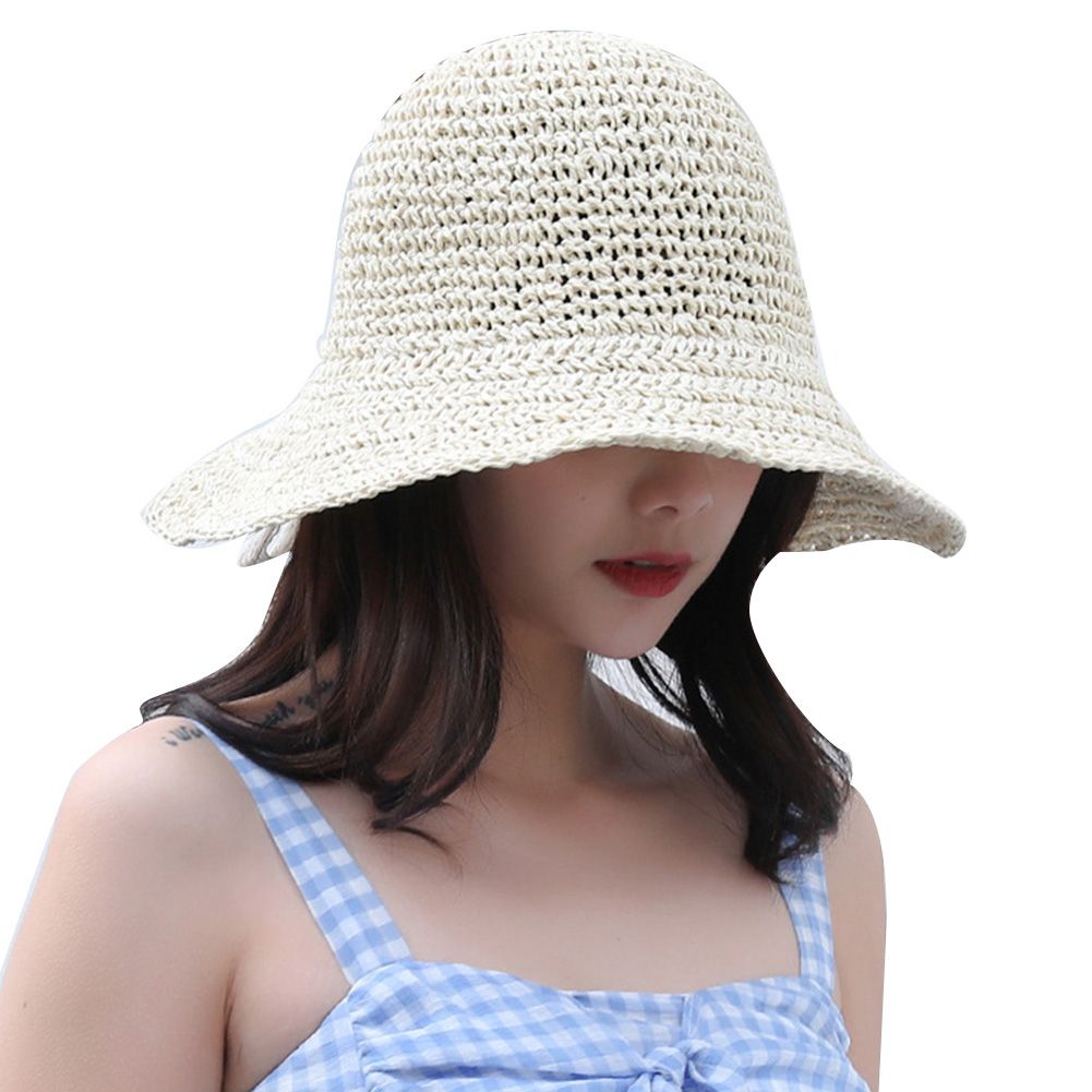 Fashion Women Straw Weave Lace Tie Wide Visor Sun Protection Hat Beach Sunhat