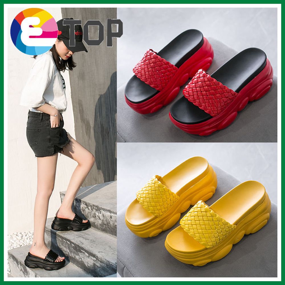 9cm/3.5 Inch Height Wedge Slippers Thick Bottom Platform Slides Fashion Outdoor Wear Slippers Comfortable Knitted Belt Slides