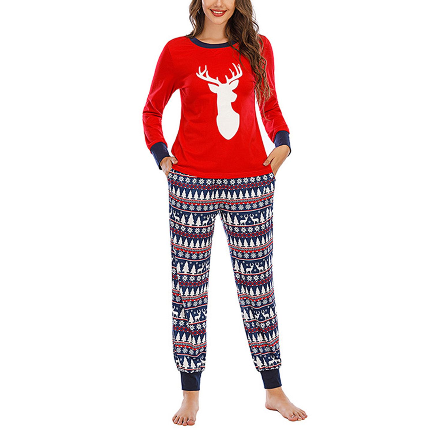 2021 2 Pieces Nightwear Set, Women’ s Floral Print Round Neck Long Sleeve Top and Trousers, Red/Navy