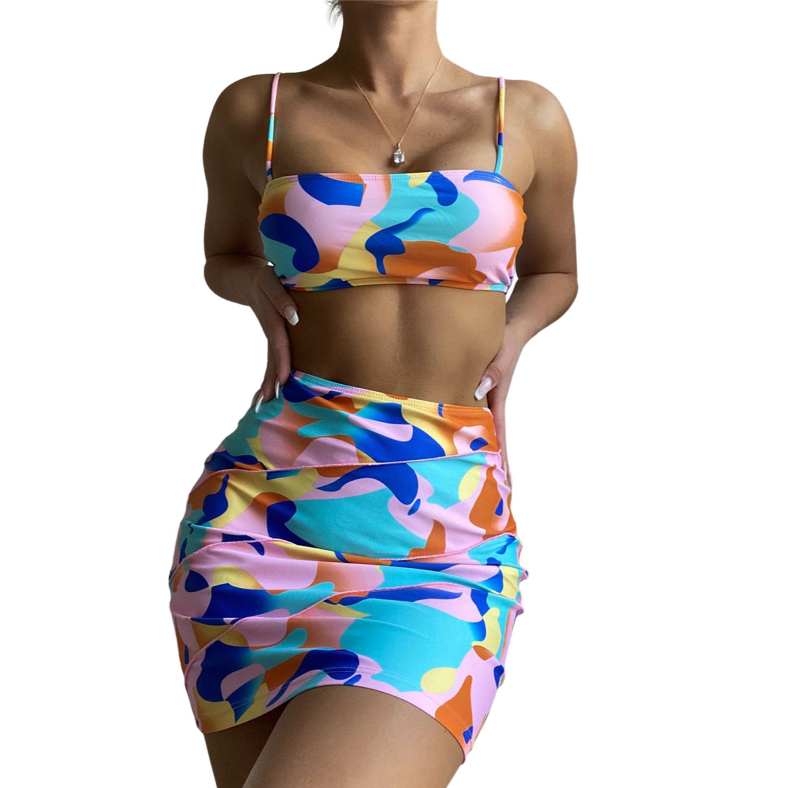Women 3pcs Swimsuit Set Geometric Printed Padded Spaghetti Strap Bikini Bra with  Panties and Short Skirt