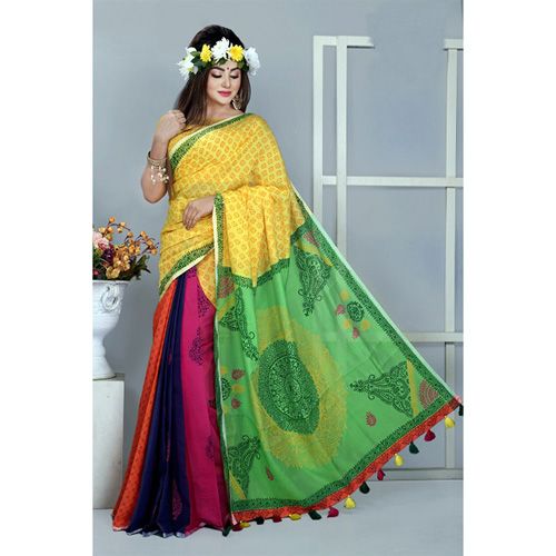 Boisakhi BASUNTI MUSLIN SILK  SHAREE WITH HAND BLOCK WORK, BLOUSE PIECE INCLUDED, COLOR AS GIVEN PICTURE
