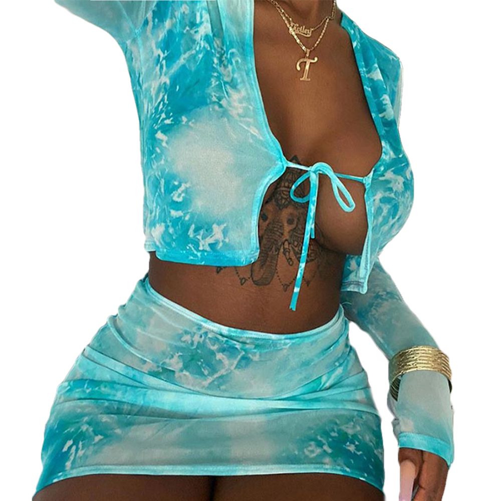 2021 Women’s Long Sleeve Midi Skirt Suit Fashion Irregular Print Lace up Exposed Navel Top and High-wai
