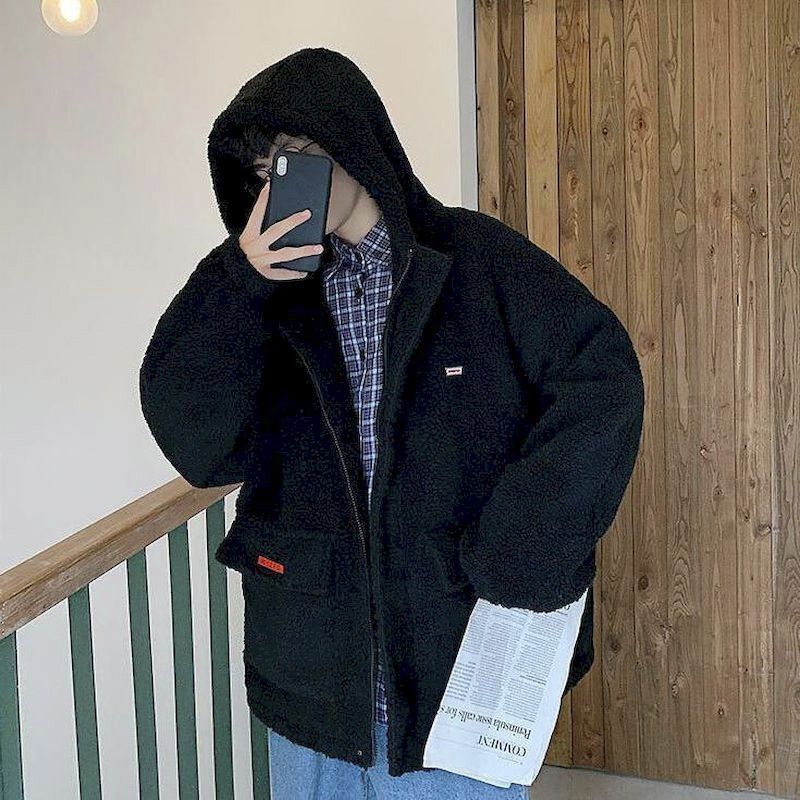 Men Oversized Hoodie Lamb Wool Coat Men's Plus Velvet Thick Winter Padded Jacket Korean Loose Warm Cotton Outerwear