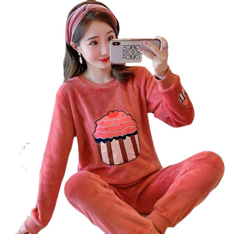 Autumn Winter Warm Flannel Women Pajamas Set Cute Coral Velvet Long Sleeve Cartoon Sleepwear Set Leisure Home Wear Clothes