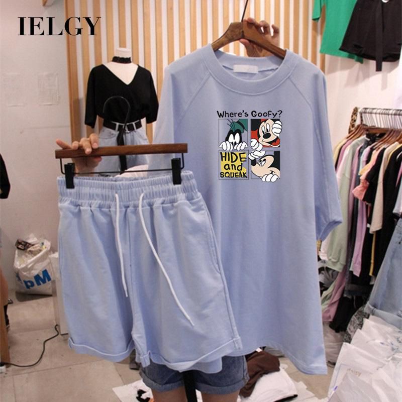 IELGY Women's clothes fashion short sleeve loose sporty black printed suit casual all-match