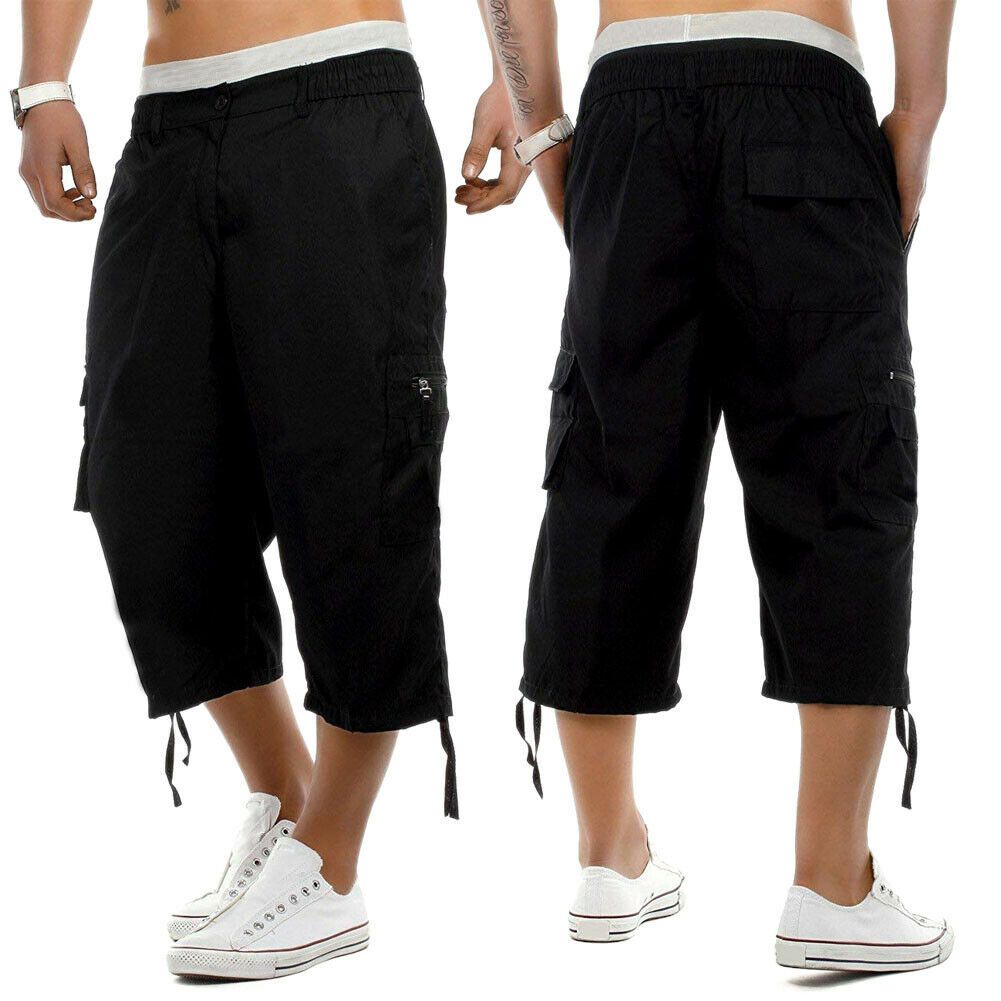 Mens 3/4 Long Length Casual Pants Elasticated Waist Cargo  Three Quarter Short Pants