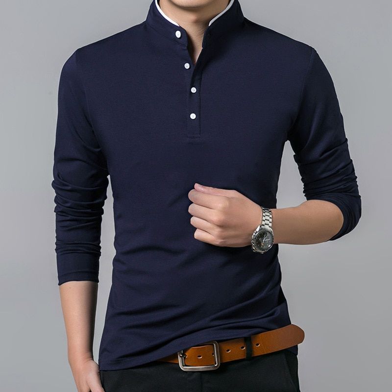 Spring Mens Tshirt Long Sleeve Stand Basic Solid Blouse Tee Shirt Top Casual Cotton T-shirt Men Undershirt