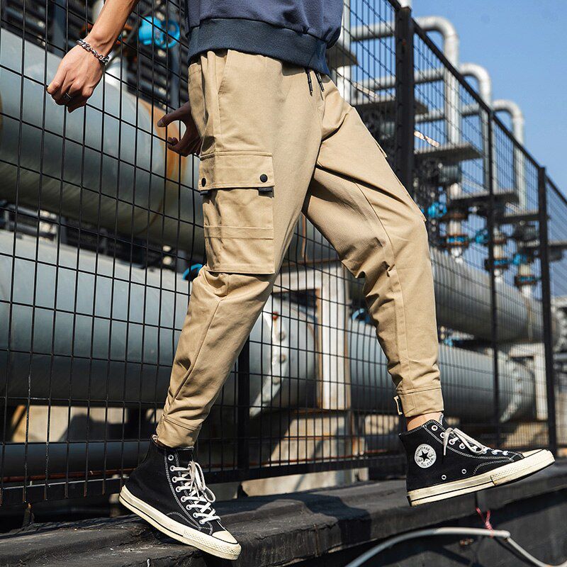 Spring Autumn Casual Cargo Pants Men Cotton Solid Drawstring Pockets Korean Fashion Loose Fit Ankle Length Pants Men