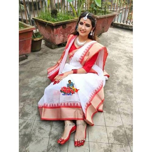 Eye Catching Collection Rich Fabrics white color Silk Check Saree For Women Tangail Tat Shilpo (TAN)