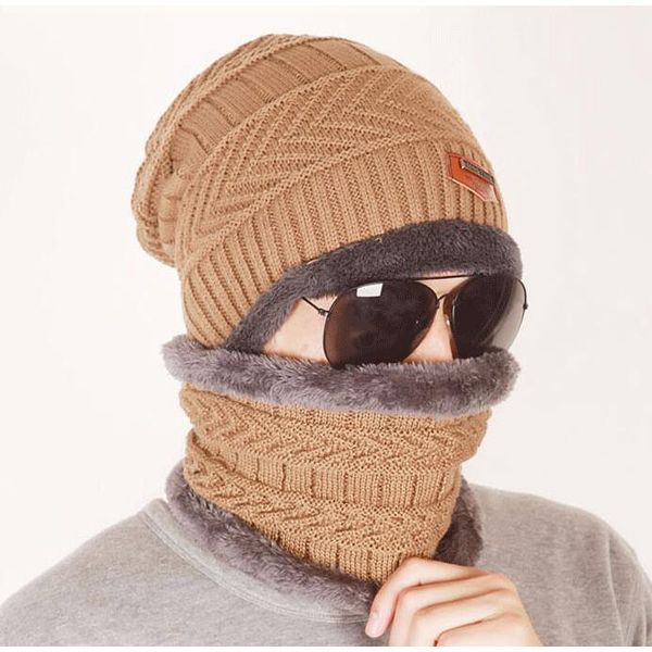 Neck warmer cap scarf set fur velvet Thick Warm Knitted beanies Winter hat For men women Skullies bonnet
